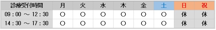 診療受付時間は月～土：9:00～13:00（最終受付12:30）／14:30～18:00（最終受付17:30）<休診日＞日・祝祭日・GW・お盆・年末年始